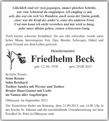 Traueranzeige von Friedhelm Beck von WVG - Wochenspiegel Merseburg
