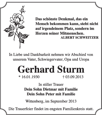 Traueranzeige von Gerhard Sturm von WVG - Wochenspiegel Wittenberg