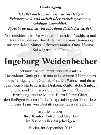 Traueranzeige von Ingeborg Weidenbecher von WVG - Wochenspiegel NMB / WSF / ZTZ