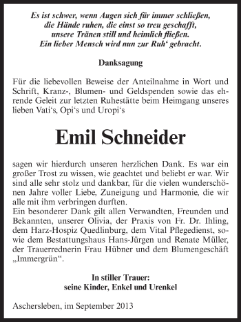 Traueranzeige von Emil Schneider von Super Sonntag Aschersleben