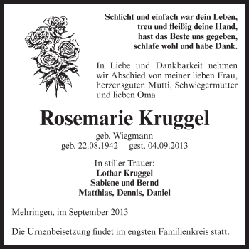 Traueranzeige von Rosemarie Kruggel von Super Sonntag Aschersleben