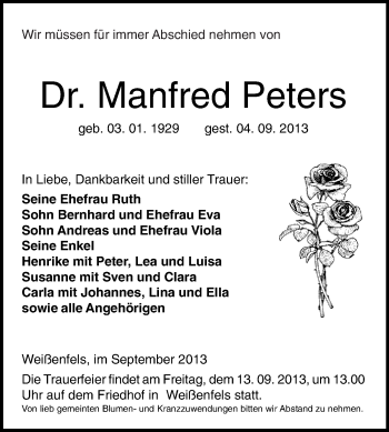 Traueranzeige von Manfred Peters von WVG - Wochenspiegel NMB / WSF / ZTZ