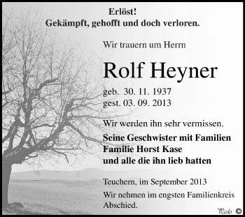 Traueranzeige von Rolf Heyner von WVG - Wochenspiegel NMB / WSF / ZTZ