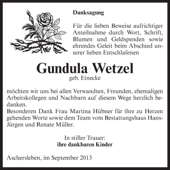 Traueranzeige von Gundula Wetzel von Super Sonntag Aschersleben