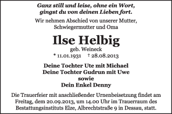 Traueranzeige von Ilse Helbig von Super Sonntag Dessau / Köthen
