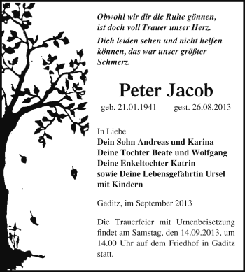 Traueranzeige von Peter Jacob von Super Sonntag Wittenberg
