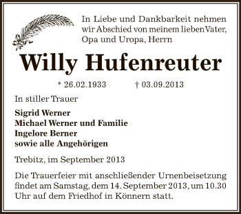 Traueranzeige von Willy Hufenreuter von Super Sonntag Bernburg