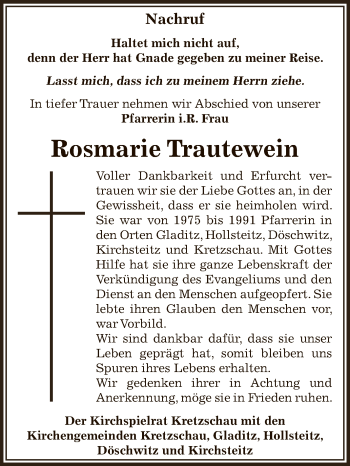Traueranzeige von Rosmarie Trautewein von Super Sonntag Zeitz