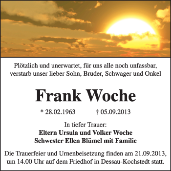 Traueranzeige von Frank Woche von Super Sonntag Dessau / Köthen