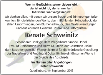 Traueranzeige von Renate Schweinitz von WVG - Wochenspiegel Quedlinburg