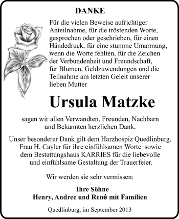 Traueranzeige von Ursula Matzke von WVG - Wochenspiegel Quedlinburg