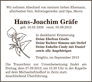 Traueranzeige von Hans-Joachim Gräfe von Super Sonntag Zeitz