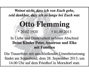 Traueranzeige von Otto Flemming von WVG - Wochenspiegel Wittenberg