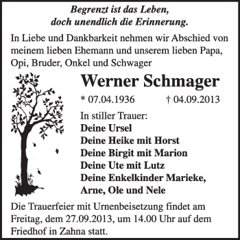 Traueranzeige von Werner Schmager von Super Sonntag Wittenberg