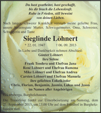 Traueranzeige von Sieglinde Löhnert von WVG - Wochenspiegel NMB / WSF / ZTZ