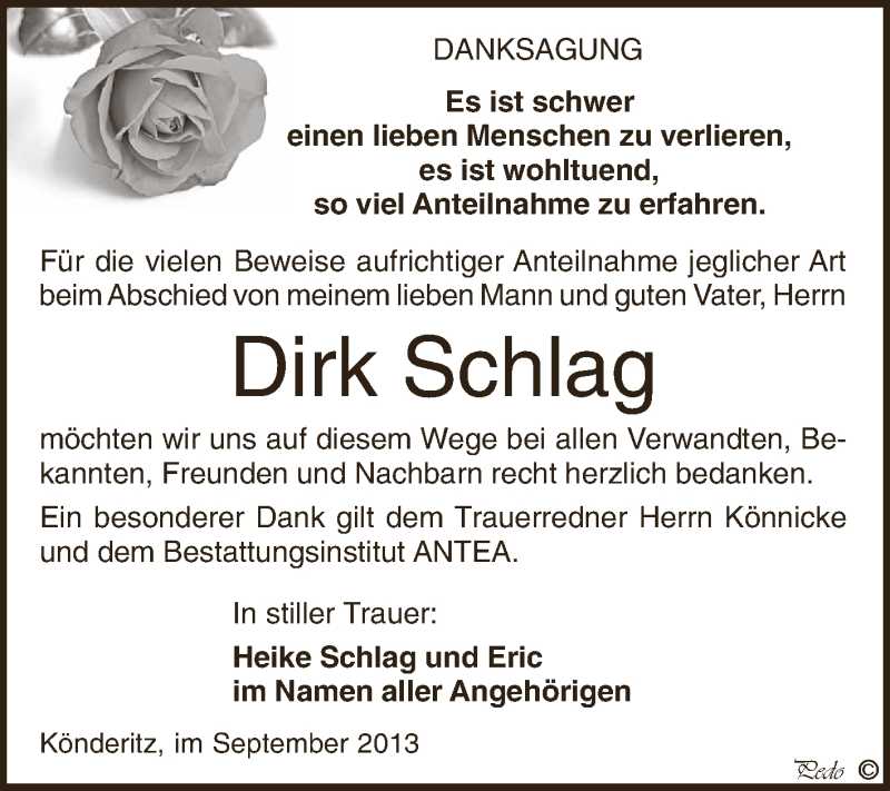  Traueranzeige für Dirk Schlag vom 08.09.2013 aus Super Sonntag Zeitz