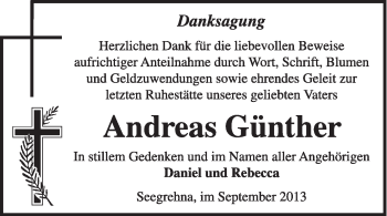 Traueranzeige von Andreas Günther von WVG - Wochenspiegel Wittenberg