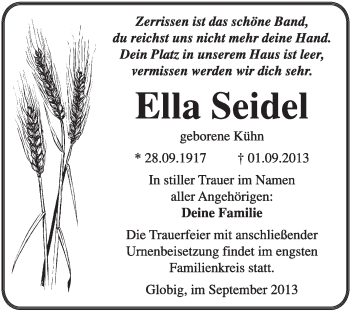 Traueranzeige von Ella Seidel von WVG - Wochenspiegel Wittenberg