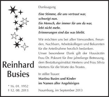 Traueranzeige von Reinhard Busies von WVG - Wochenspiegel NMB / WSF / ZTZ