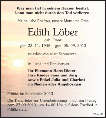 Traueranzeige von Edith Löber von WVG - Wochenspiegel NMB / WSF / ZTZ