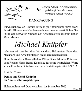 Traueranzeige von Michael Knüpfer von WVG - Wochenspiegel NMB / WSF / ZTZ