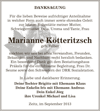 Traueranzeige von Marianne Kötteritzsch von Super Sonntag Zeitz