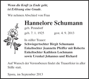 Traueranzeige von Hannelore Schumann von WVG - Wochenspiegel NMB / WSF / ZTZ