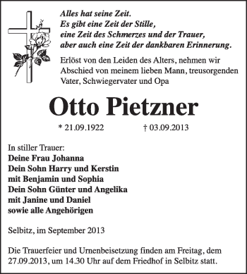 Traueranzeige von Otto Pietzner von WVG - Wochenspiegel Wittenberg
