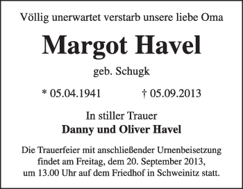 Traueranzeige von Margot Havel von WVG - Wochenspiegel Wittenberg