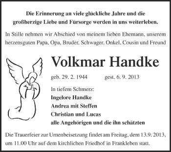Traueranzeige von Volkmar Handke von Super Sonntag Merseburg