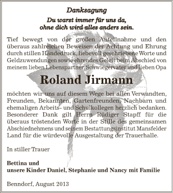Traueranzeige von Roland Jirmann von Wochenspiegel Mansfelder Land