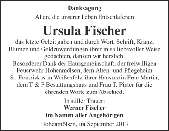 Traueranzeige von Ursula Fischer von WVG - Wochenspiegel NMB / WSF / ZTZ