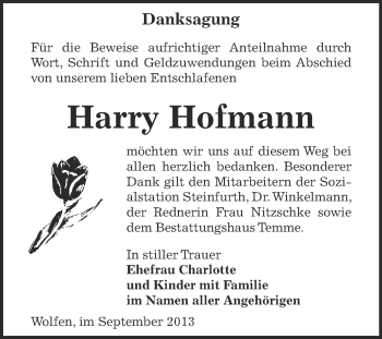 Traueranzeige von Harry Hofmann von WVG - Wochenspiegel Bitterfeld