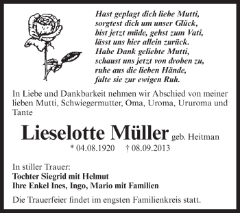 Traueranzeige von Lieselotte Müller von WVG - Wochenspiegel Aschersleben