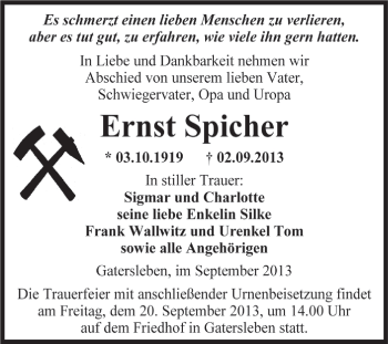 Traueranzeige von Ernst Spicher von WVG - Wochenspiegel Aschersleben