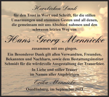 Traueranzeige von Hans-Georg Mennicke von Super Sonntag Quedlinburg
