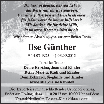 Traueranzeige von Ilse Günther von Super Sonntag Dessau / Köthen