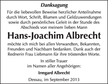 Traueranzeige von Hans-Joachim Albrecht von Super Sonntag Dessau / Köthen