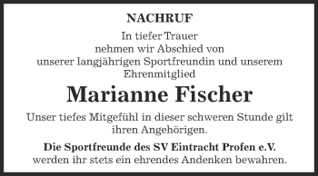 Traueranzeige von Marianne Fischer von Super Sonntag Zeitz