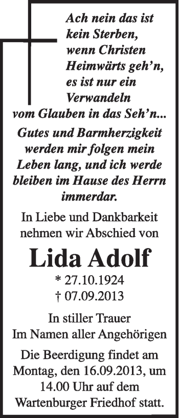 Traueranzeige von Lida Adolf von Super Sonntag Wittenberg