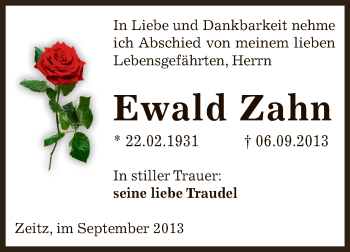 Traueranzeige von Ewald Zahn von Super Sonntag Zeitz
