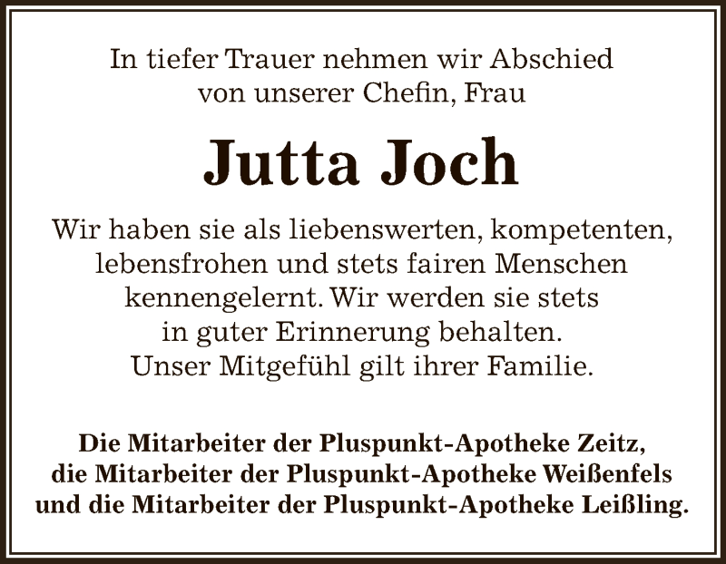  Traueranzeige für Jutta Joch vom 15.09.2013 aus Super Sonntag Zeitz