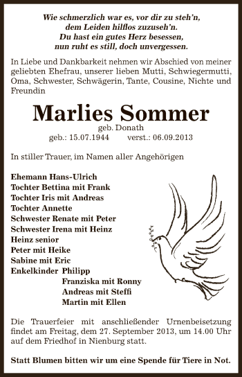 Traueranzeige von Marlies Sommer von Super Sonntag Bernburg
