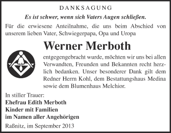 Traueranzeige von Werner Merboth von WVG - Wochenspiegel Merseburg
