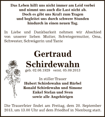 Traueranzeige von Gertraud Schirdewahn von Super Sonntag Bernburg