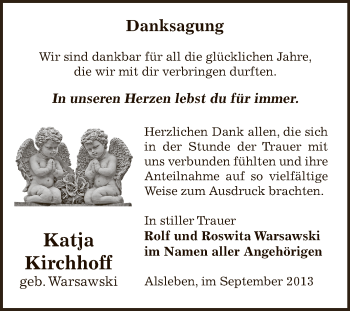 Traueranzeige von Katja Kirchhoff von Super Sonntag Bernburg
