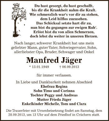 Traueranzeige von Manfred Jäger von Super Sonntag Bernburg
