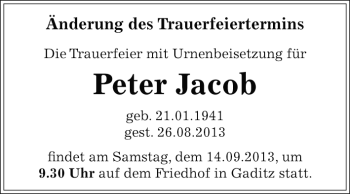 Traueranzeige von Peter Jacob von WVG - Wochenspiegel Bitterfeld