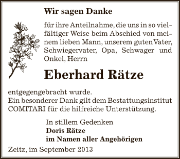 Traueranzeige von Eberhard Rätze von Super Sonntag Zeitz