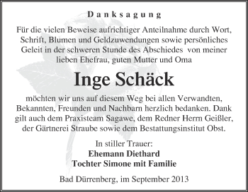 Traueranzeige von Inge Schäck von Super Sonntag Merseburg